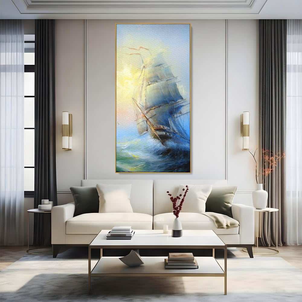 Tablou canvas cu pictura cu vapor pe valuri furtunoase, in rama de aluminiu auriu, pe perete intr-un living
